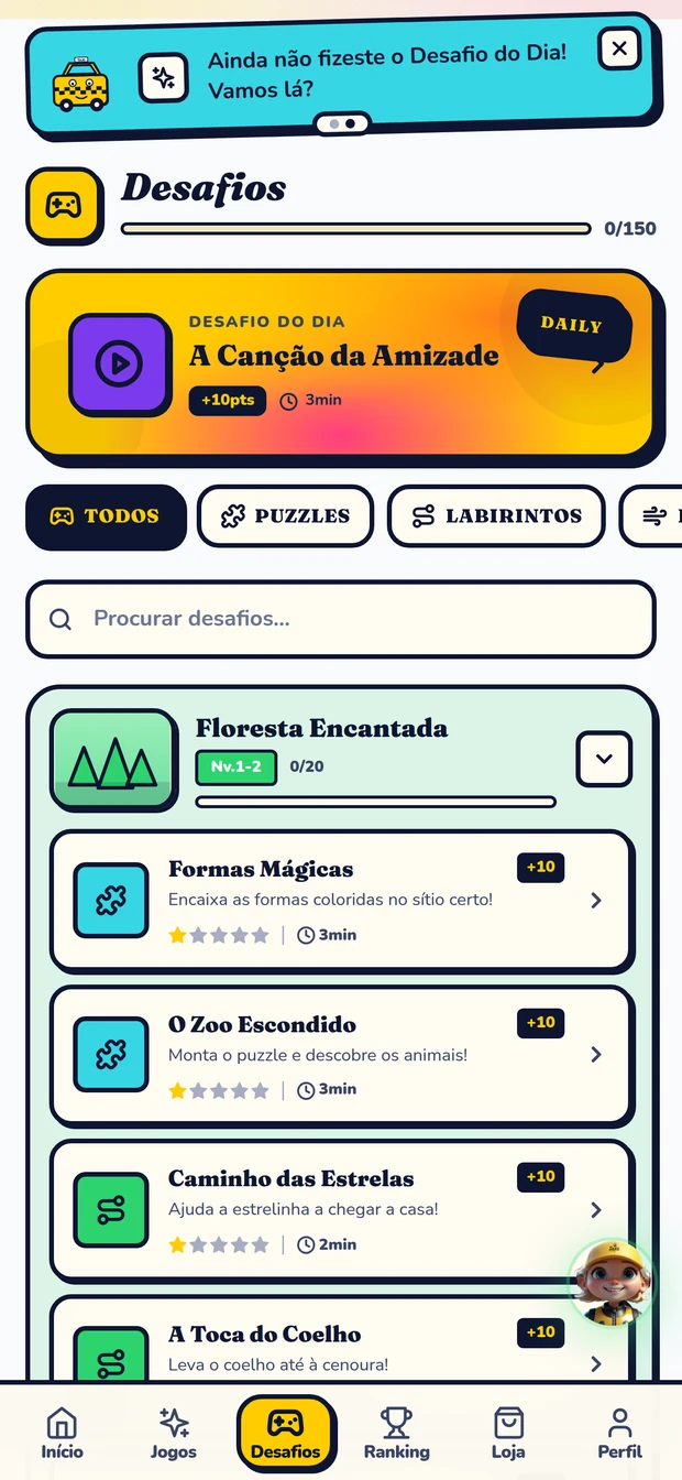 Ecrã de desafios da app TAXI com o desafio do dia