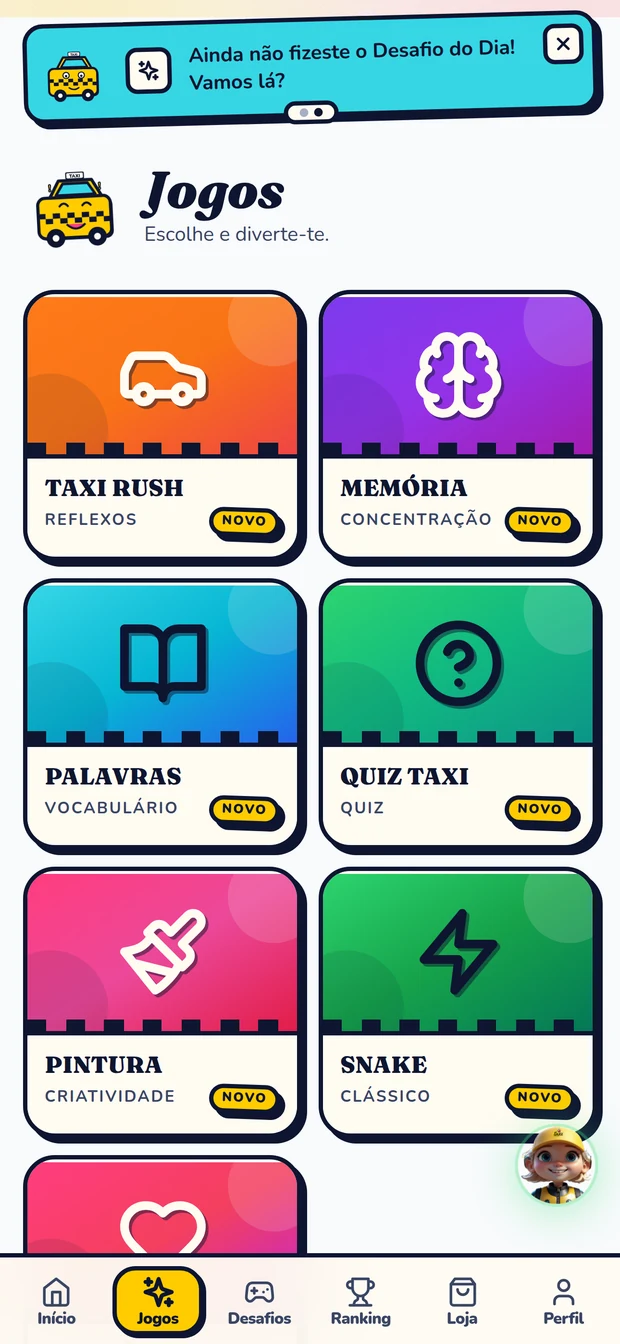 Ecrã de jogos da app TAXI com seis jogos educativos